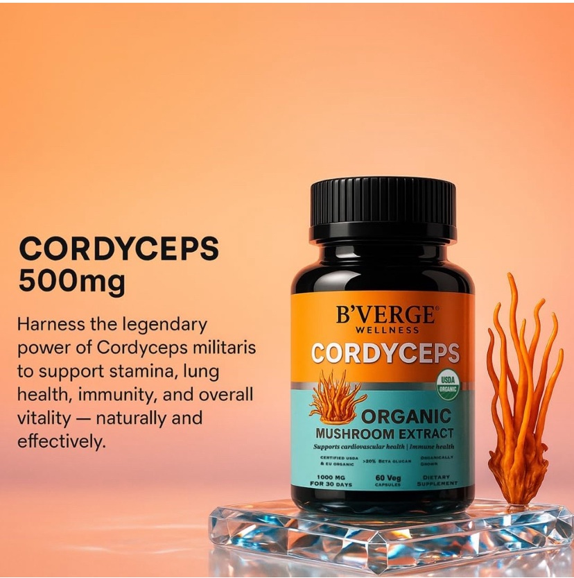 BVERGE® Кордицепс (Cordyceps Militaris), экстракт 500 мг — для энергии, здоровья сердца и легких, 60 капсул — изображение 5
