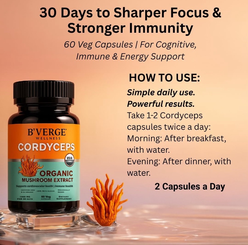 BVERGE® Кордицепс (Cordyceps Militaris), экстракт 500 мг — для энергии, здоровья сердца и легких, 60 капсул — изображение 9