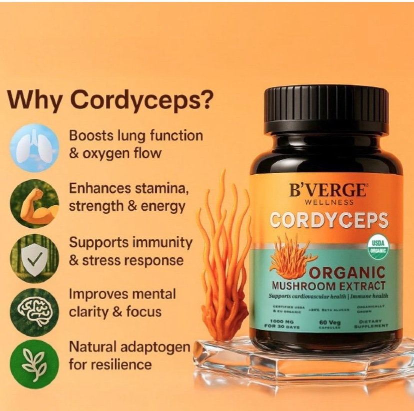 BVERGE® Кордицепс (Cordyceps Militaris), экстракт 500 мг — для энергии, здоровья сердца и легких, 60 капсул — изображение 7