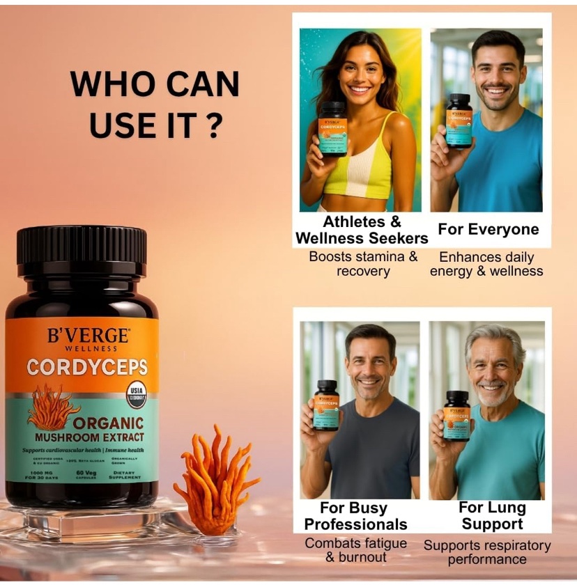 BVERGE® Кордицепс (Cordyceps Militaris), экстракт 500 мг — для энергии, здоровья сердца и легких, 60 капсул — изображение 6