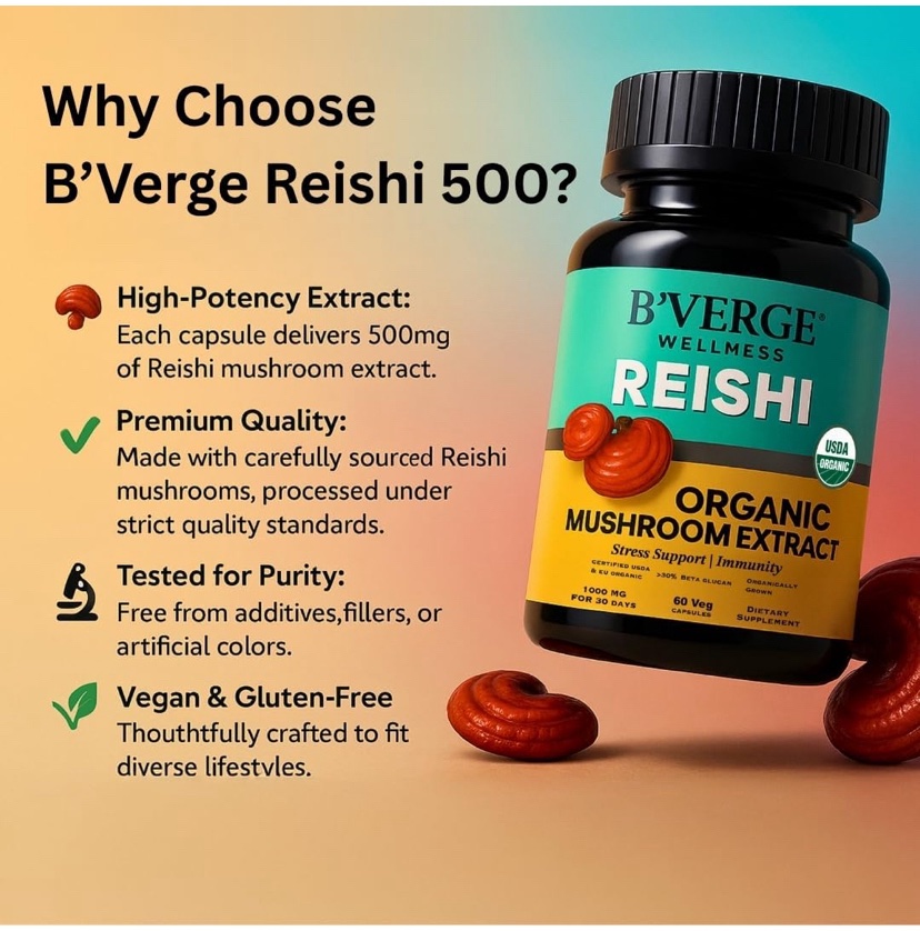 B'VERGE® Красный рейши (ганодерма), экстракт 500 мг — для снижения стресса, поддержки печени и иммунитета, 60 капсул — изображение 3